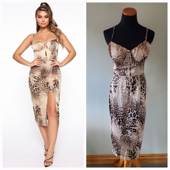 Fashion Nova S Wild Emotions Leopard Print Satin Cocktail Party Club Midi Dress - Picture 1 of 10